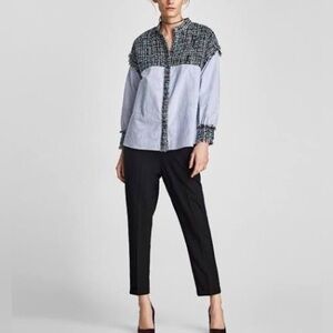 Zara Tweed and Cotton Blouse Long Sleeve Size Small Blue